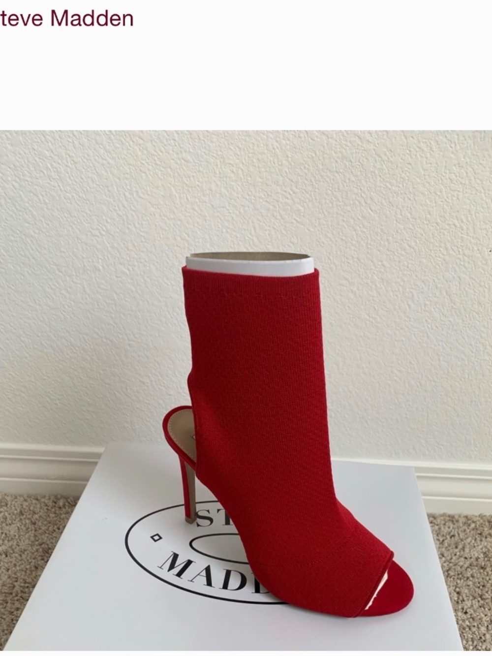 Red Ribbed Steve Madden Open Toe Booties - Picture 2 of 5